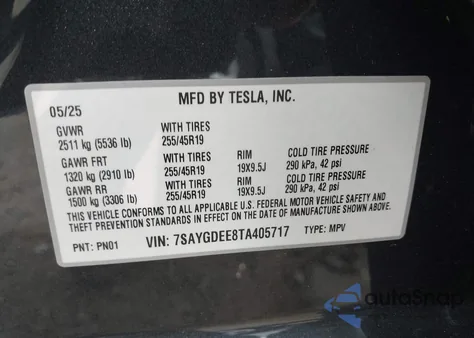 2026 Tesla Model Y Long Range Dual Motor All-Wheel Drive/Long Range Launch Series из США, поврежденный, VIN 7SAYGDEE8TA405717